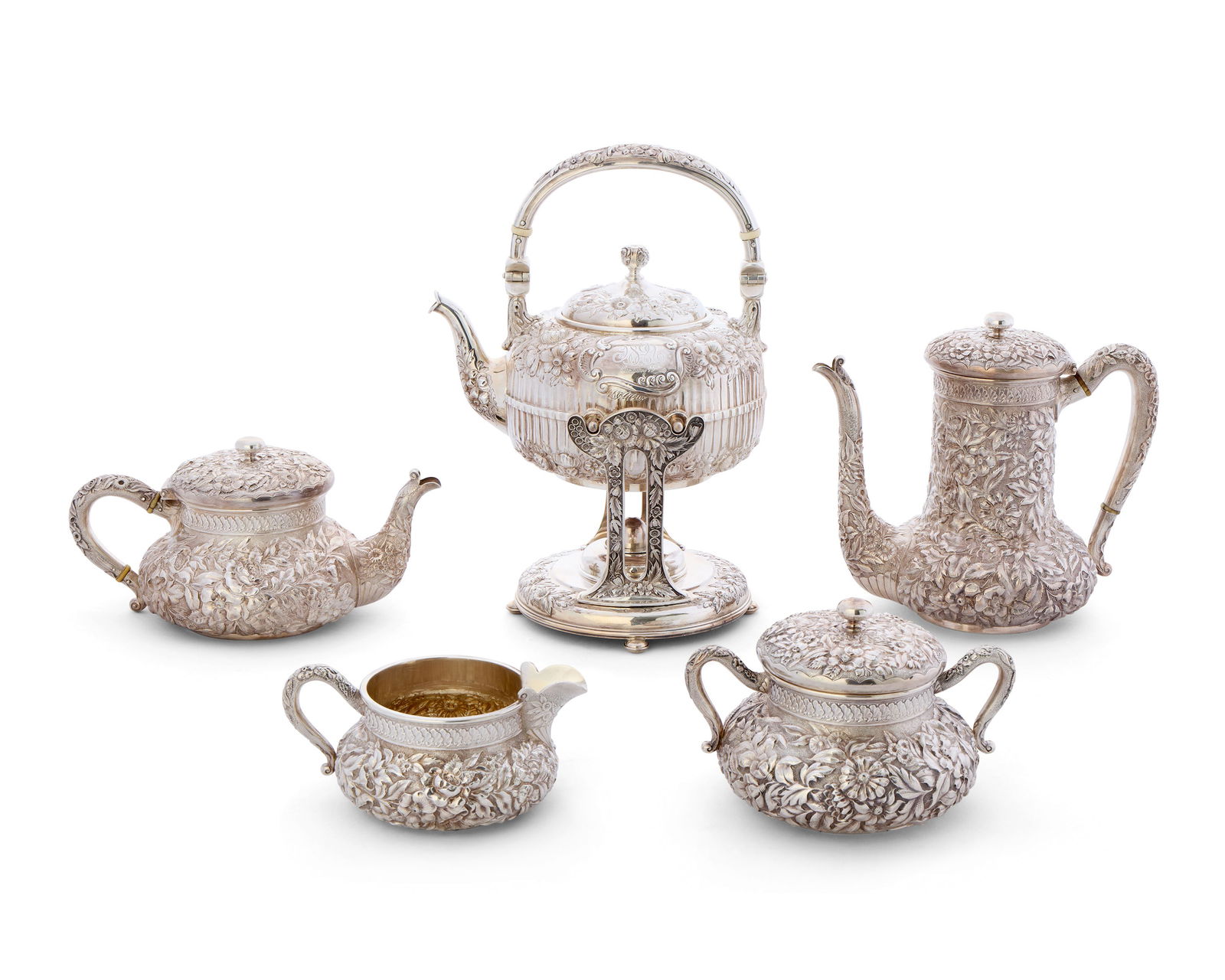 American Silver Repousse Assembled Five Piece Coffee and Tea Service (1 of 5)