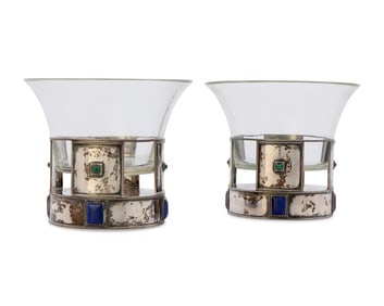 Josef Hoffmann (1870-1956), A Pair of Wiener Werkst?tte Silver, Malachite, and Lapis Inset Glass