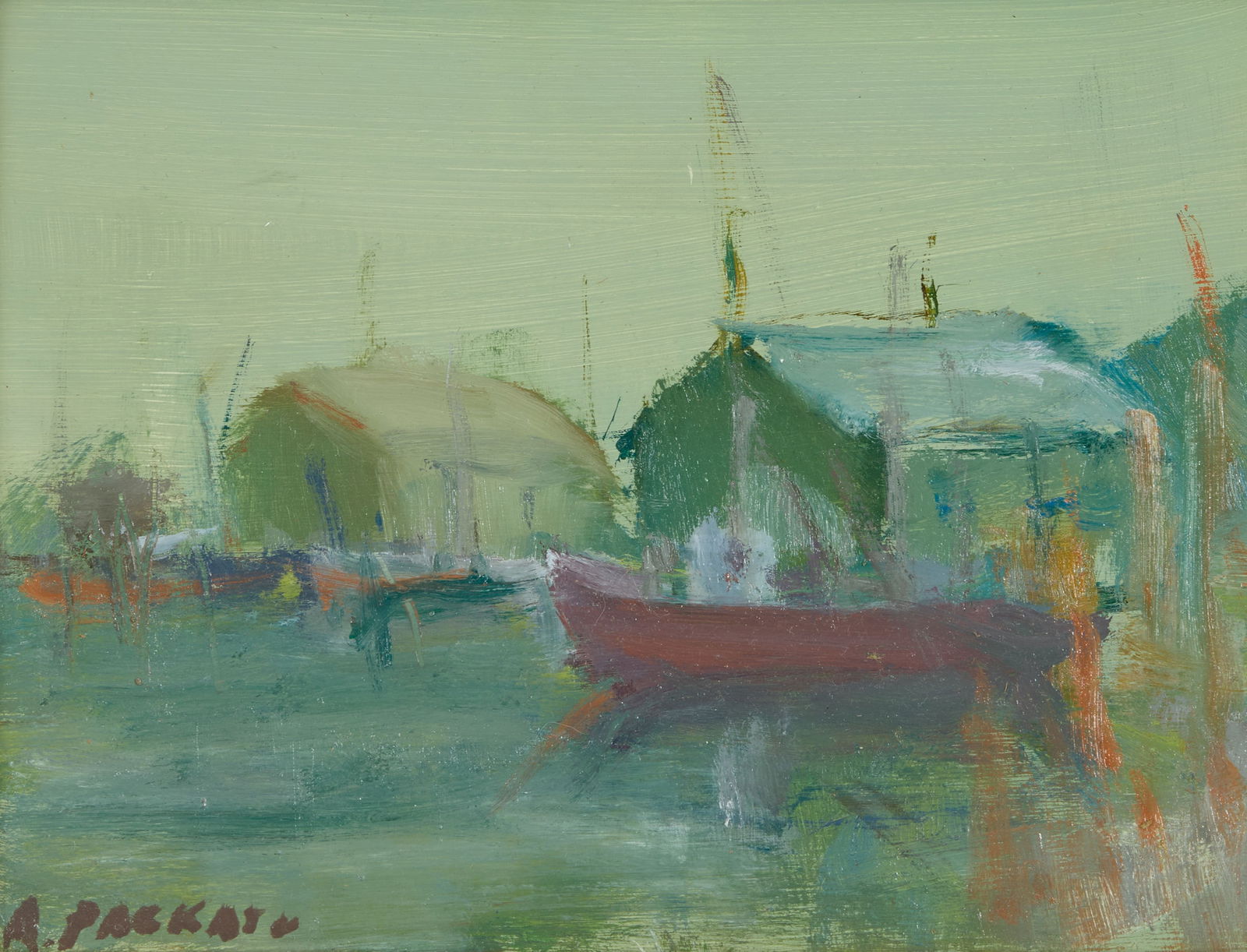 ANNE PACKARD, (American, b. 1933), Dock View: ANNE PACKARD American b. 1933 Dock View oil on board signed A. Packard lower left 6 x 8 in., frame: 8 3/4 x 10 3/4 in. Provenance: Property of a Wellesley, Massachusetts Collector. Other Notes: Packar