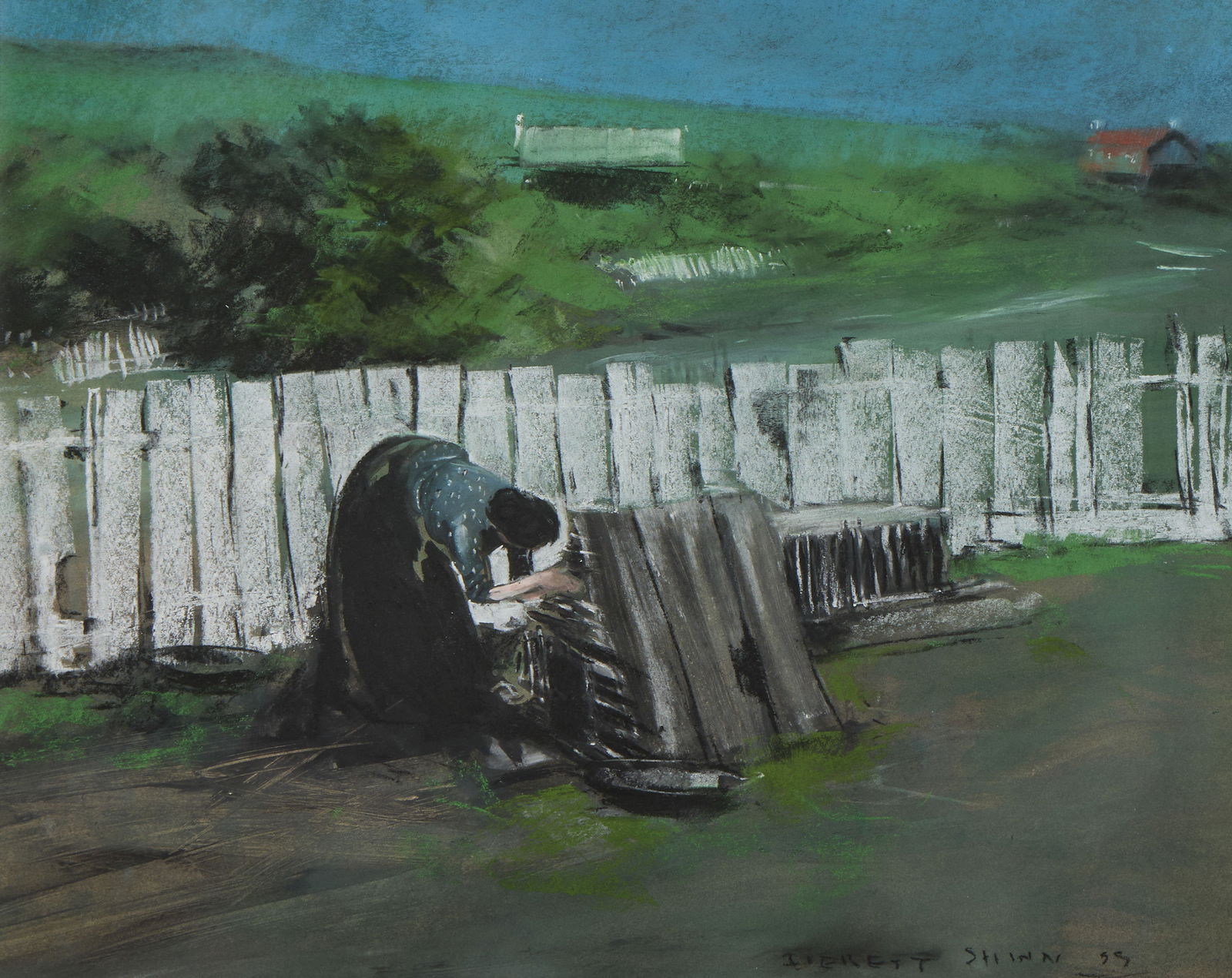 EVERETT SHINN, (American, 1876-1953), Woman at the Chicken Coop: EVERETT SHINN American 1876-1953 Woman at the Chicken Coop 1899, pastel on paper signed and dated Everett Shinn 99 lower right sight: 17 1/8 x 22 1/4 in., frame: 28 7/8 x 33 7/8 in. Provenance: By des