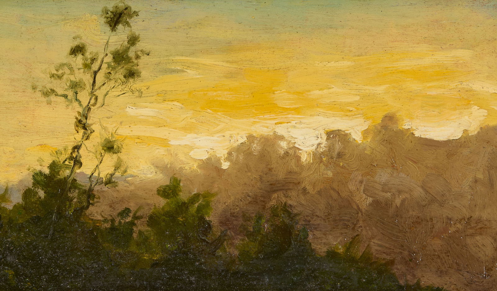 ARTHUR BOWEN DAVIES, (American, 1862-1928), Forest of the Setting Sun: ARTHUR BOWEN DAVIES American 1862-1928 Forest of the Setting Sun oil on board 5 1/2 x 9 7/8 in., frame: 8 1/4 x 12 1/4 in. Provenance: Private Collection, New York.