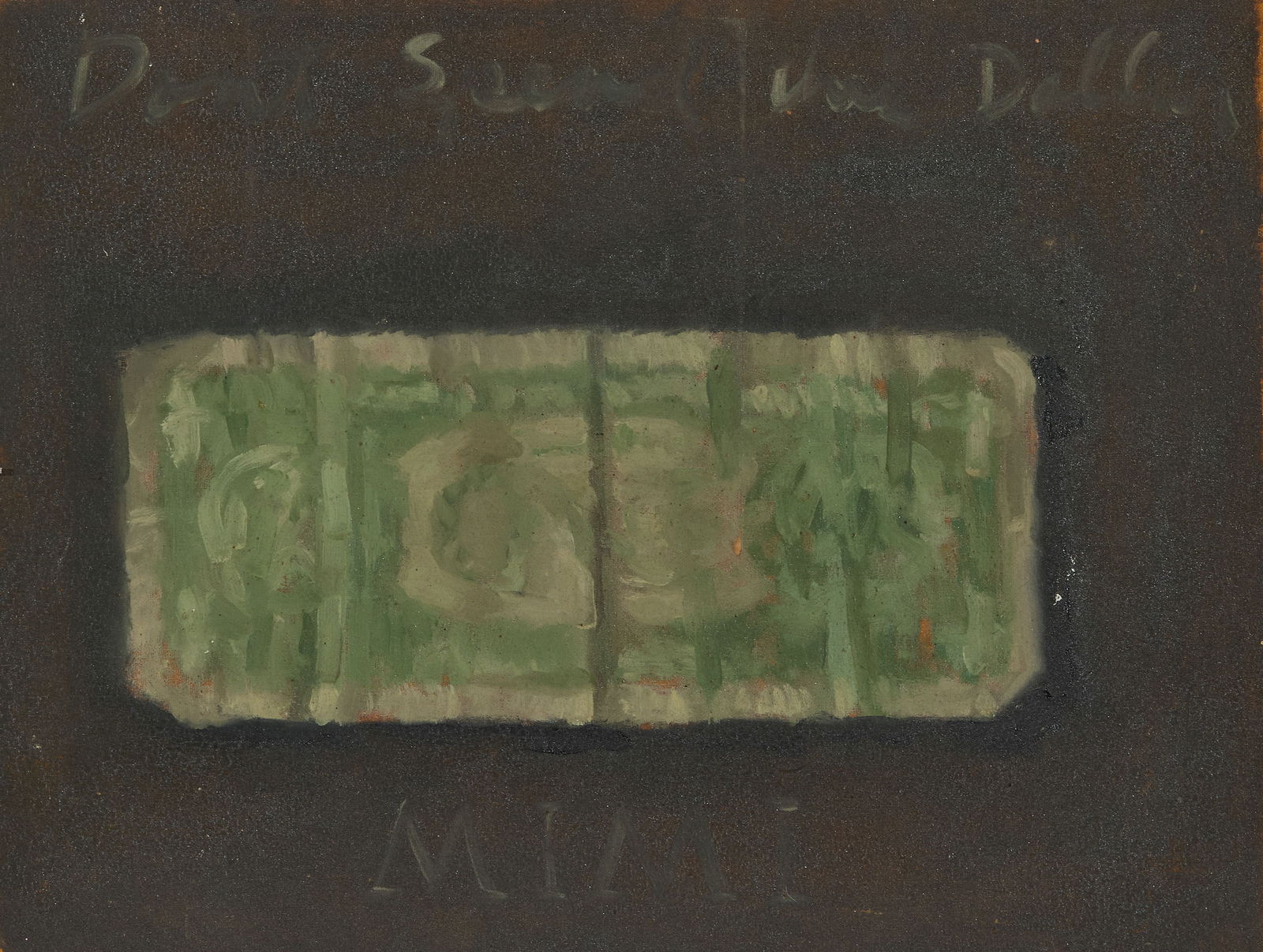 ROBERT MOORE KULICKE, (American, 1924-2007), Dollar Bill on Black Background: ROBERT MOORE KULICKE American 1924-2007 Dollar Bill on Black Background oil on silk mounted on cardboard 8 x 10 5/8 in., frame: 13 3/8 x 15 3/4 in. Provenance; Gift of the artist to Miriam Schapiro, a