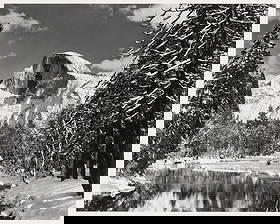 ANSEL ADAMS, (American, 1902-1984), Half Dome, Merced River, Winter: ANSEL ADAMS American 1902-1984 Half Dome, Merced River, Winter silver print printed after 1974 by Alan Ross; stamped with Special Edition Photographs of Yosemite stamp with the title and the printer's