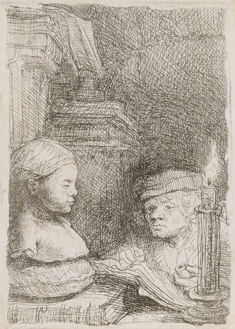 REMBRANDT VAN RIJN, (Dutch, 1606-1669), Man Drawing from a Cast: REMBRANDT VAN RIJN Dutch 1606-1669 Man Drawing from a Cast etching plate: 3 5/8 x 2 1/2 in., sheet: 3 7/8 x 2 5/8 in., frame: 11 3/4 x 9 1/2 in. Provenance: Property of a Maine Gentleman.