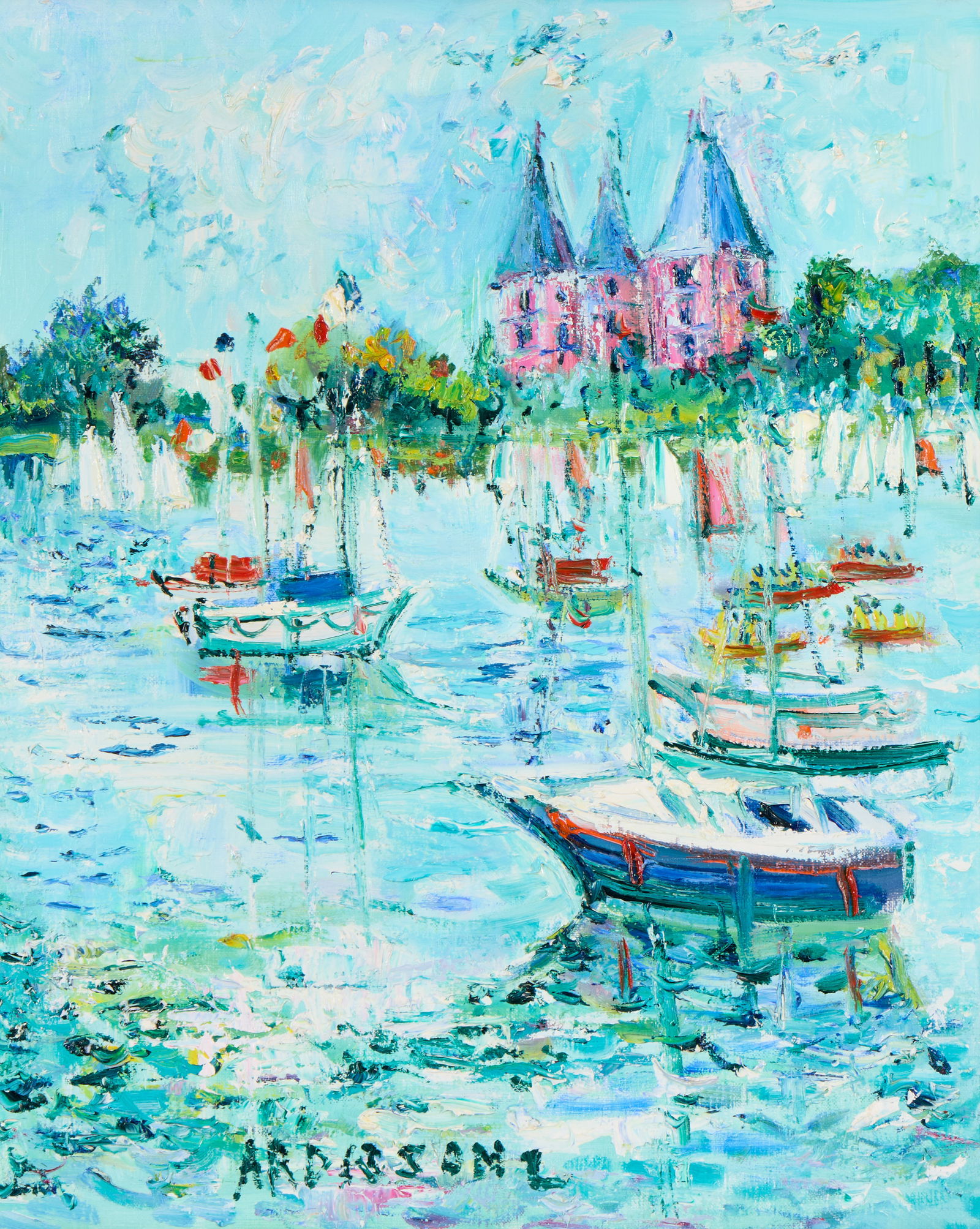 YOLANDE ARDISSONE, (French, 1927-2024), Le Château et les bateaux: YOLANDE ARDISSONE French 1927-2024 Le Château et les bateaux oil on canvas signed Ardissone lower center titled on stretcher 24 x 19 3/4 in., frame: 29 1/2 x 25 1/2 in. Provenance: Property of a Mass