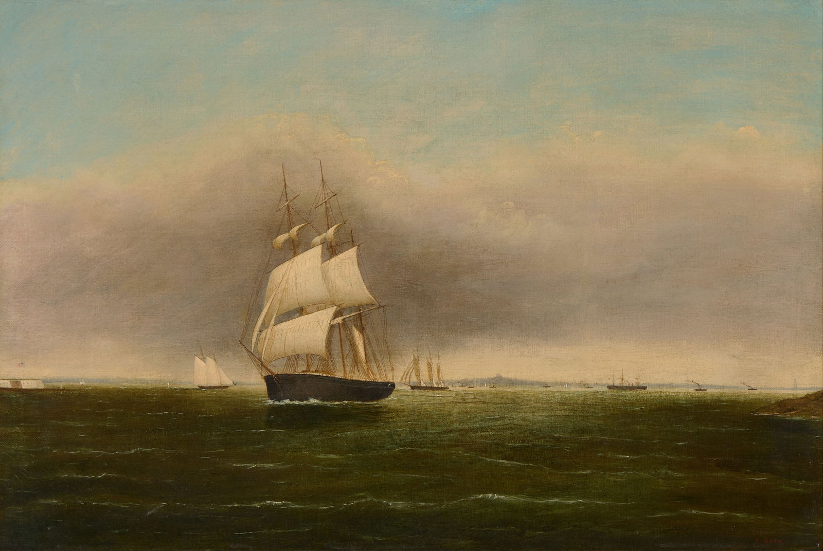CLEMENT DREW, (American, 1806-1889), American Ship in Boston Harbor: CLEMENT DREW American 1806-1889 American Ship in Boston Harbor oil on canvas signed C Drew lower right 19 1/2 x 29 1/4 in., frame: 25 1/2 x 35 1/2 in. Provenance: Property of a Weston, Massachusetts F