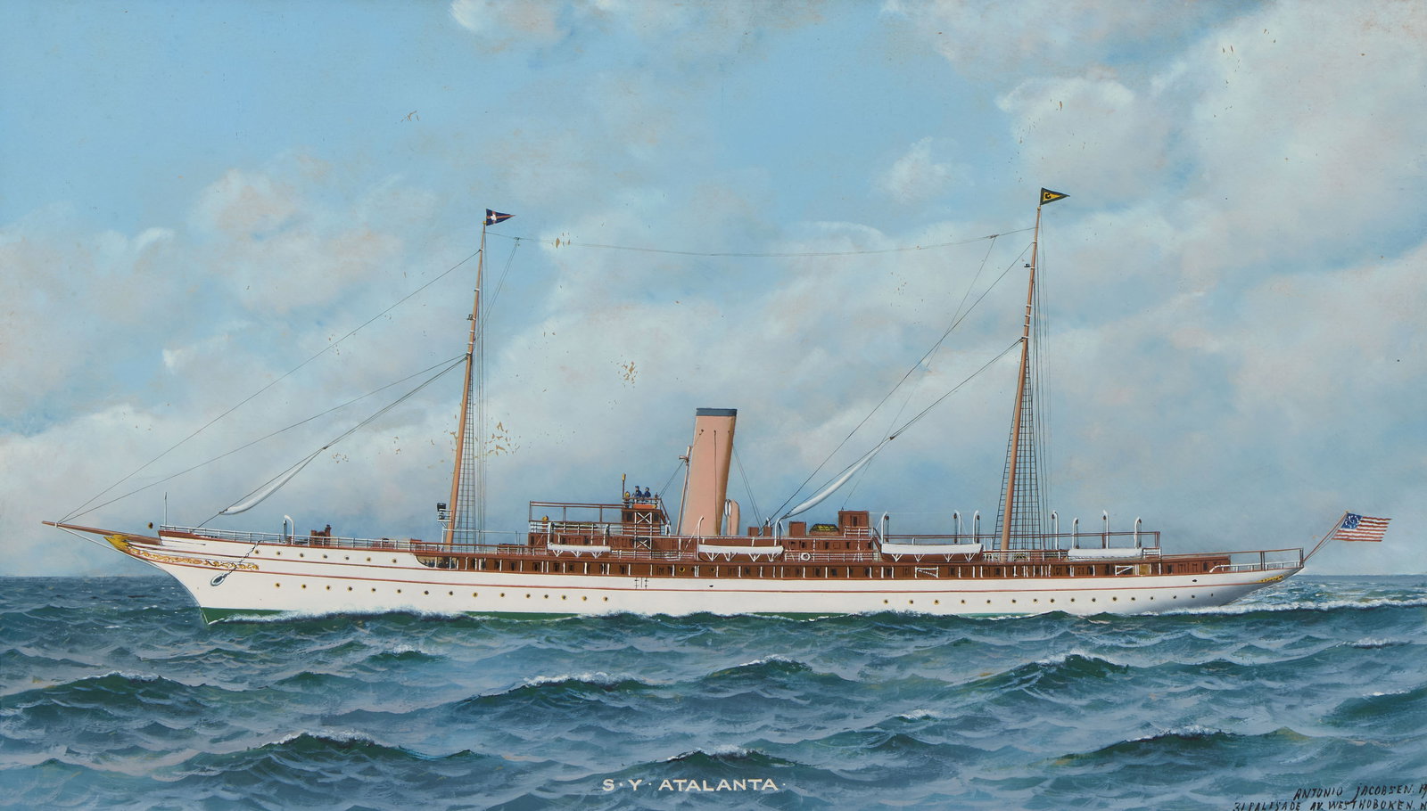 ANTONIO JACOBSEN, (American, 1850-1921), S.Y. Atalanta: ANTONIO JACOBSEN American 1850-1921 S.Y. Atalanta 1911, oil on board signed and dated Antonio Jacobsen 1911 lower right; inscribed 31 Palisade Ave. West Hoboken, NJ lower right; titled lower center 16