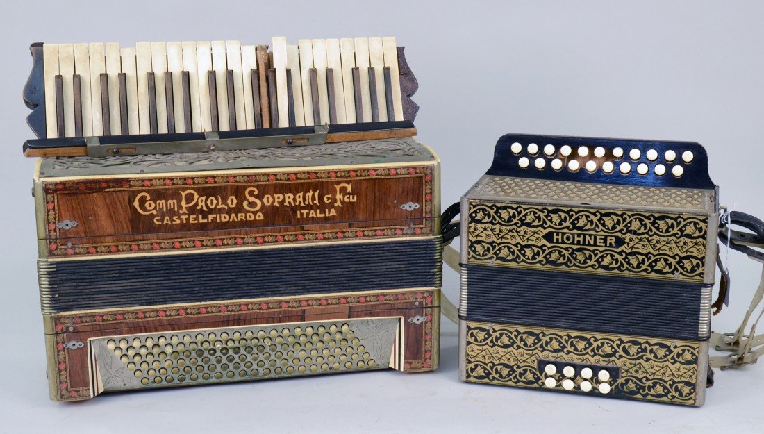 TWO ACCORDIONS, including a Comm Paolo Soprani e Feli, : TWO ACCORDIONS, including a Comm Paolo Soprani e Feli, Castelfidardo, Italy example and a Honer Button Accordian