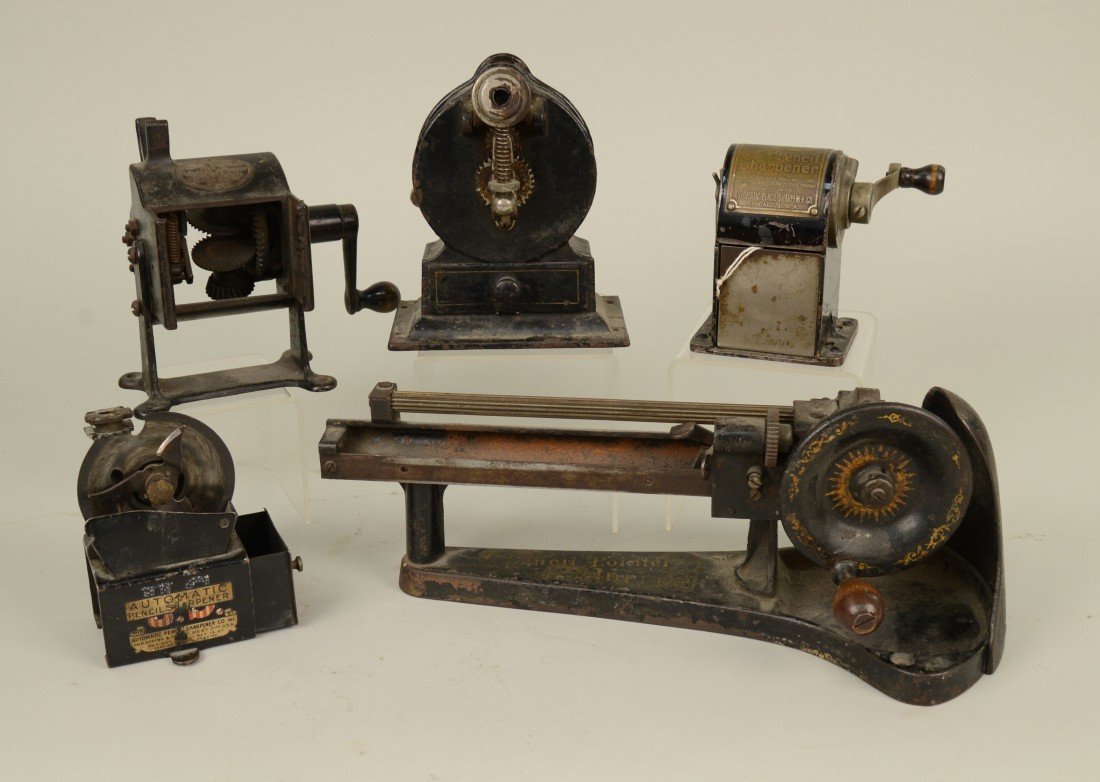 FIVE CAST IRON PENCIL SHARPENERS; including Jupiter Pen: FIVE CAST IRON PENCIL SHARPENERS; including Jupiter Pencil Pointer, Wizard, Planetary, Lakeside and Automatic, other makers;
