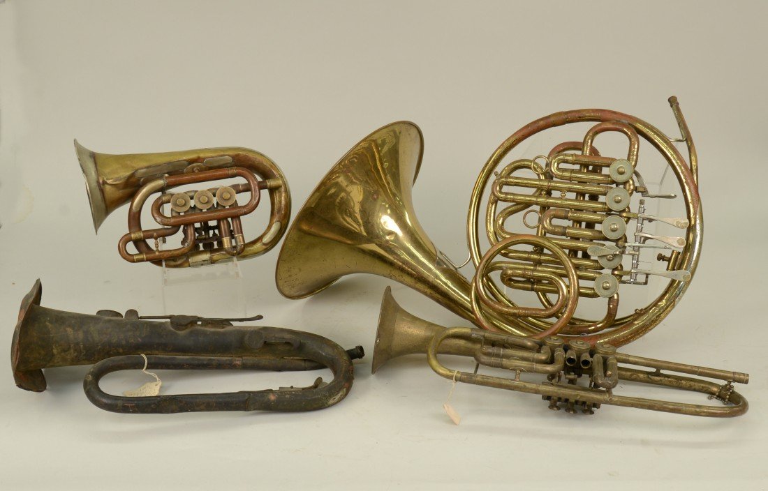 COLLECTION OF FOUR MUSICAL HORN INSTRUMENTS, 19th centu: COLLECTION OF FOUR MUSICAL HORN INSTRUMENTS, 19th century; one marked Lorenzo Sansone, New York, USA