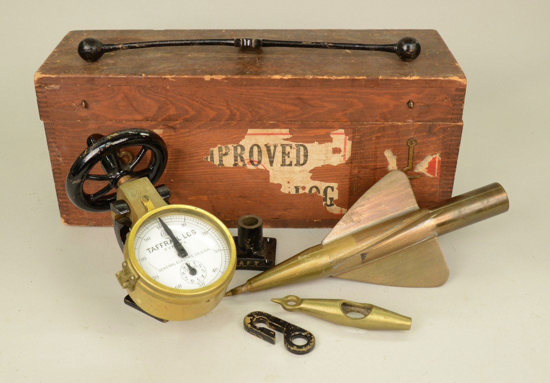 BRASS TAFFRAIL LOG, TYPE TL; bearing General Electric C: BRASS TAFFRAIL LOG, TYPE TL; bearing General Electric Co. label, in a fitted box; length of box: 21 inches