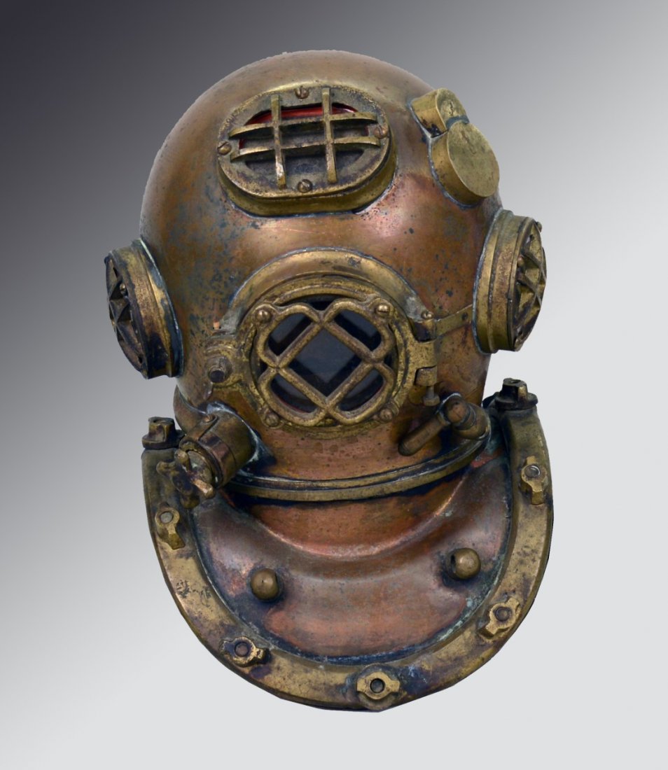 COPPER DIVING HELMET MODEL, height: 10 inches: COPPER DIVING HELMET MODEL, height: 10 inches; together with a MINER'S FOOT DRIVEN RESCUE BELLOWS, maker Siebe Gorman & Co., Ltd., London, "makers of high rescue apparatus oxygen reviving sets, smoke