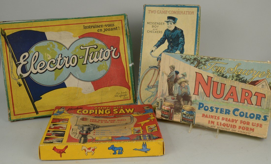 FOUR EARLY BOARD GAMES, including: "Messenger Boy", Mil: FOUR EARLY BOARD GAMES, including: "Messenger Boy", Milton Bradley; "Electro-Tutor", Les Jouets Mapajo, Paris; "Tom Sawyer", NuArt; and a Dremel Moto Electric Coping Saw