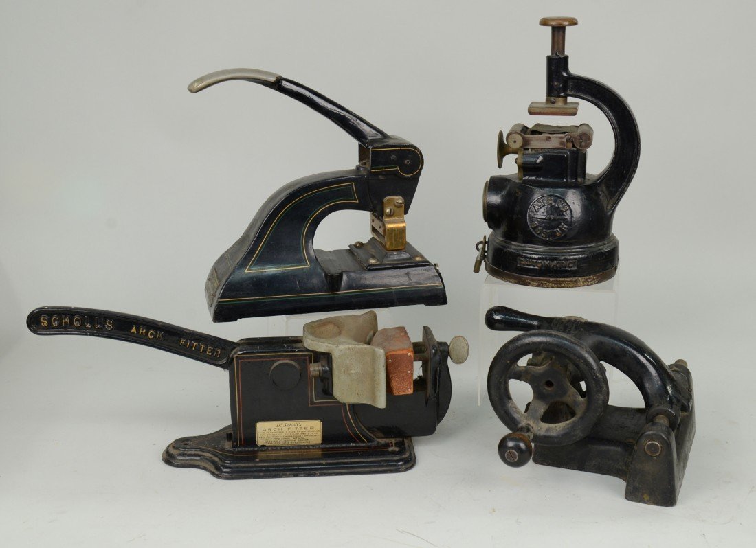 FOUR CAST IRON MACHINES, including: Dr: FOUR CAST IRON MACHINES, including: Dr. Scholl's Arch Fitter, Cummins' No.16 Perforating Machine, Automatic Time Stamp Co. Stamp Machine and The Yale & Towne Mfg. Co. Grinding Machine; length of longe