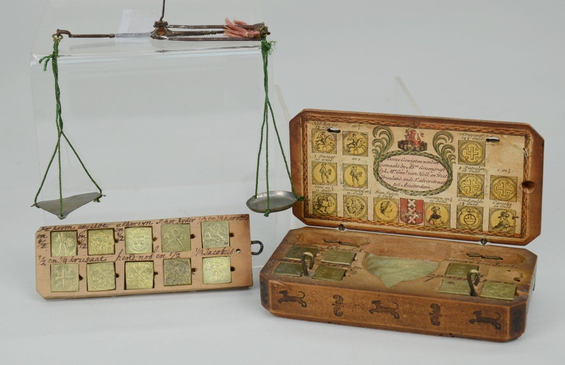 DUTCH COIN BALANCE: DUTCH COIN BALANCE, in chip carved casket; labeled Abm. Groengraft, dated 1657