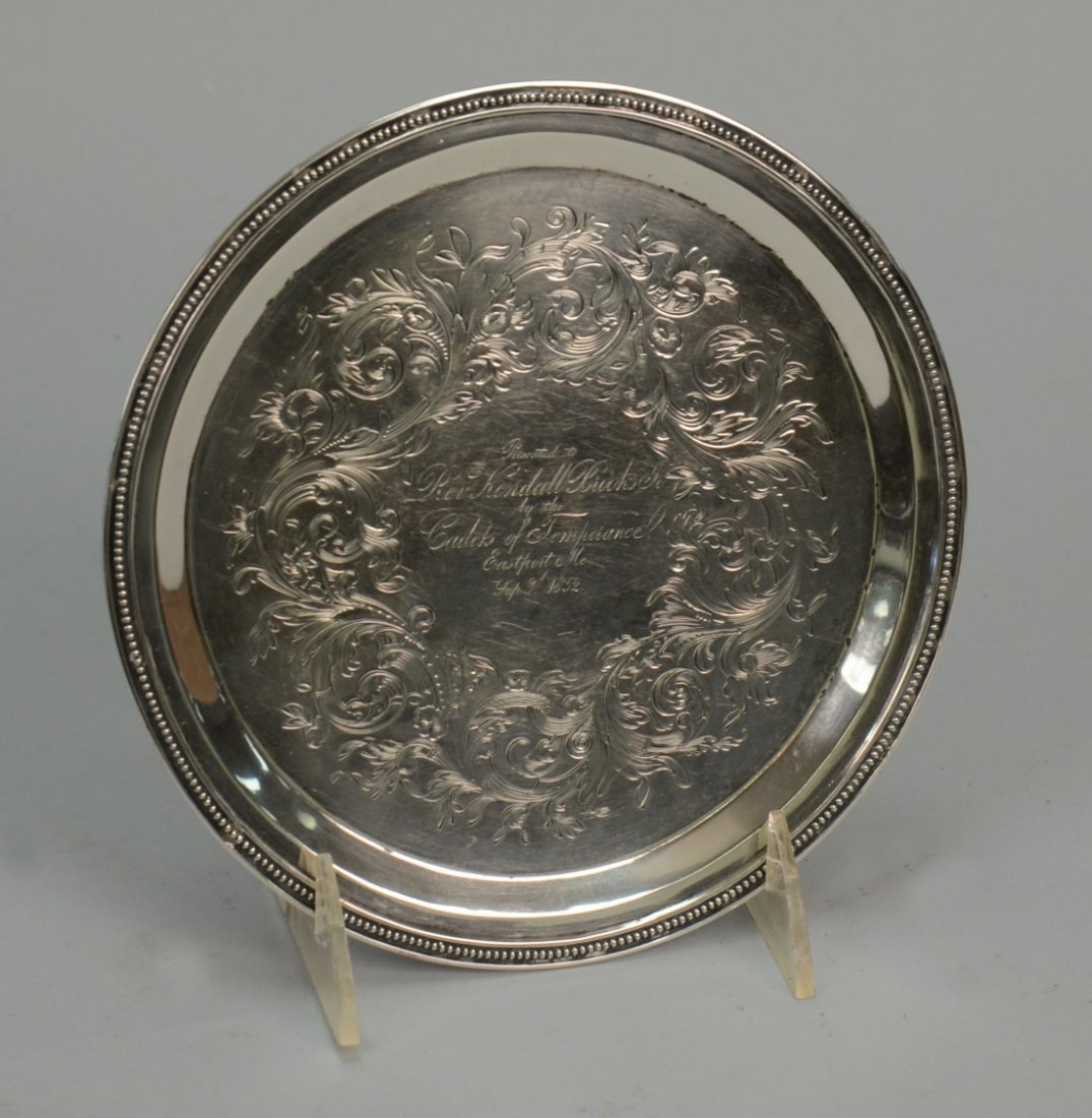 CADETS OF TEMPERANCE PRESENTATION COIN SILVER PLATE; in: CADETS OF TEMPERANCE PRESENTATION COIN SILVER PLATE; Jones Ball & Co., Boston; inscribed: Presented to Rev. Kendall Brooks, Jr. by the Cadets of Temperance, Eastport, ME., Sept. 3, 1852; diameter: 7 i