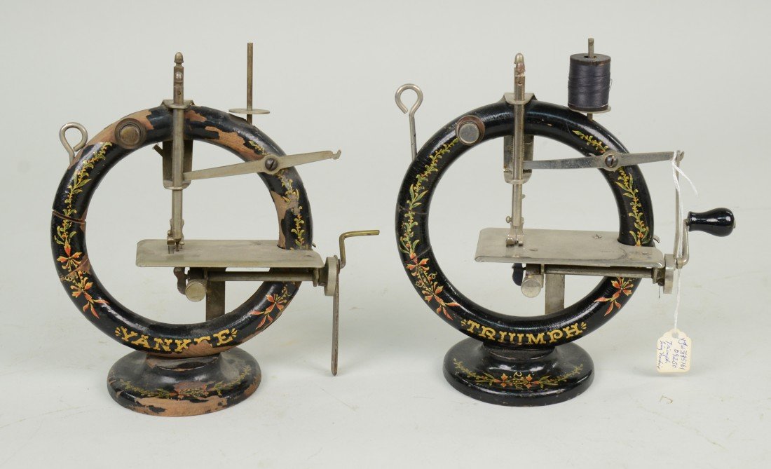 TWO HAND CRANKED WOODEN CIRCULAR SEWING MACHINES, one m: TWO HAND CRANKED WOODEN CIRCULAR SEWING MACHINES, one marked 'Triumph' and one marked 'Yankee