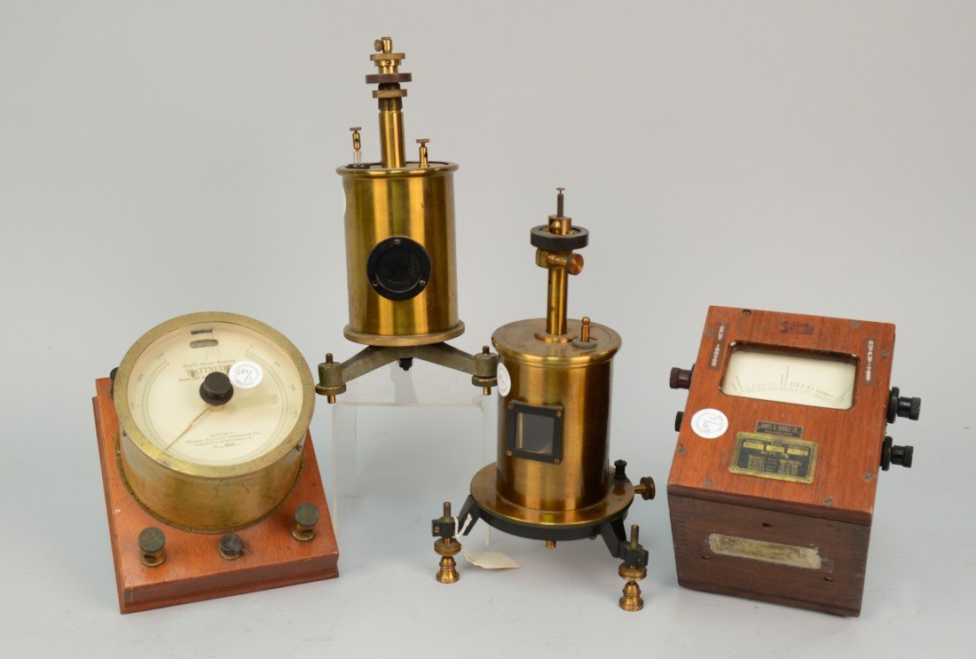 FIVE ELECTRICAL INSTRUMENTS: FIVE ELECTRICAL INSTRUMENTS, including: two galvanometers, one signed W.G. Pye & Co., Cambridge, England; a WATT METER, signed Whitney Electrical; two volt meters, James G. Biddle Co., Philadelphia, r
