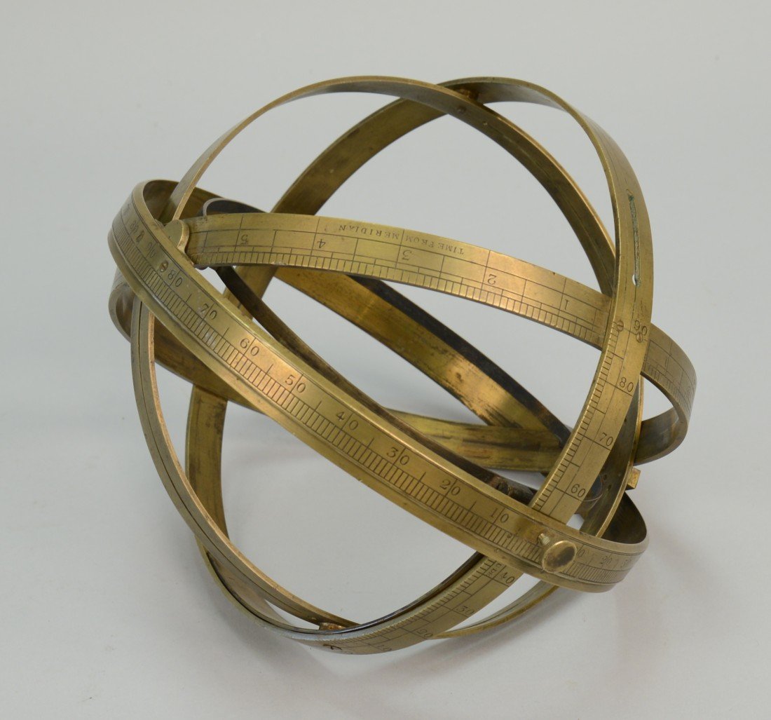 BRASS RING ARMILLARY SPHERE, marked Andrew Small, Glasg: BRASS RING ARMILLARY SPHERE, marked Andrew Small, Glasgow, diameter: 10 inches