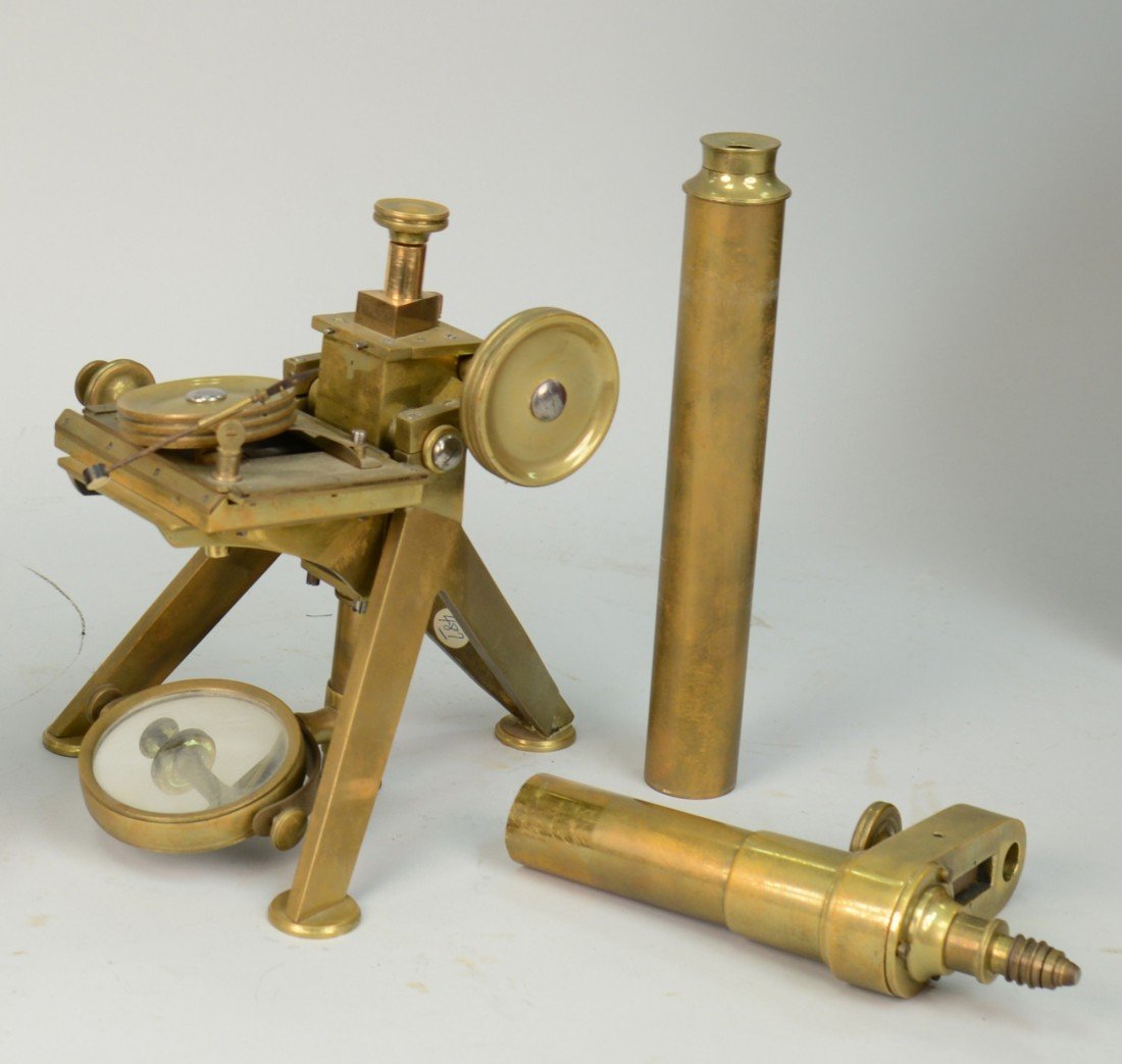 BRASS MICROSCOPE; in fitted box; marked Wellington, Che: BRASS MICROSCOPE; in fitted box; marked Wellington, Cheltenham