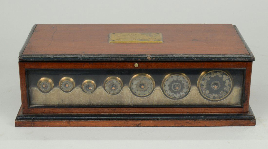 PRESENTATION CASE WITH EIGHT AMERICAN TRANS ATLANTIC CA: PRESENTATION CASE WITH EIGHT AMERICAN TRANS ATLANTIC CABLE SAMPLES; Siemens Bros. & Co., London; bears handwritten note stating: "From the Estate of Cyrus Field and formerly in the Collection of John