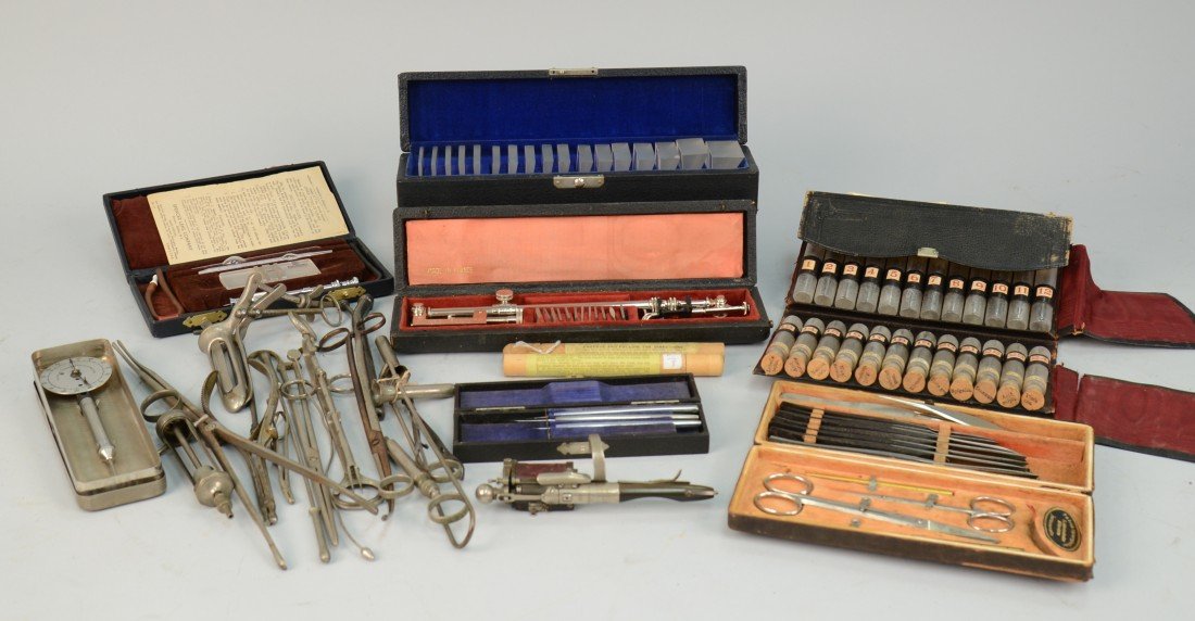 BOX LOT OF MEDICAL AND OPTICAL TOOLS AND DEVICES, in fi: BOX LOT OF MEDICAL AND OPTICAL TOOLS AND DEVICES, in fitted cases