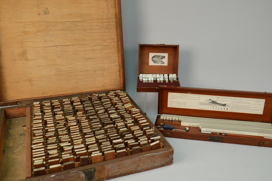 BOXED SET OF STAMPS; together with THE LEROY LETTERING : BOXED SET OF STAMPS; together with THE LEROY LETTERING SET, by Keuffel & Esser Co., N.y. and BOXED SET OF NUMBERS