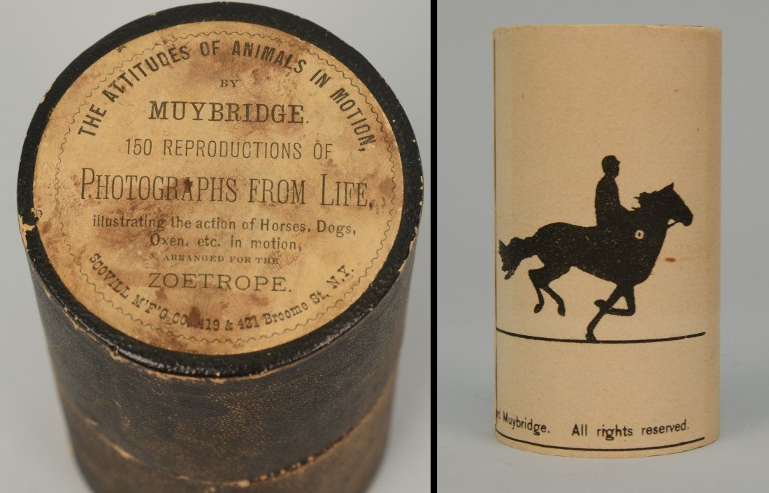 SET OF ORIGINAL MUYBRIDGE "ATTITUDES OF ANIMALS IN MOTI: SET OF ORIGINAL MUYBRIDGE "ATTITUDES OF ANIMALS IN MOTION" ZOETROPE STRIPS, Eadweard Muybridge illustrated images arranged for Zoetrope, copyright E. Muybridge 1882; comprised of six two sided strips 