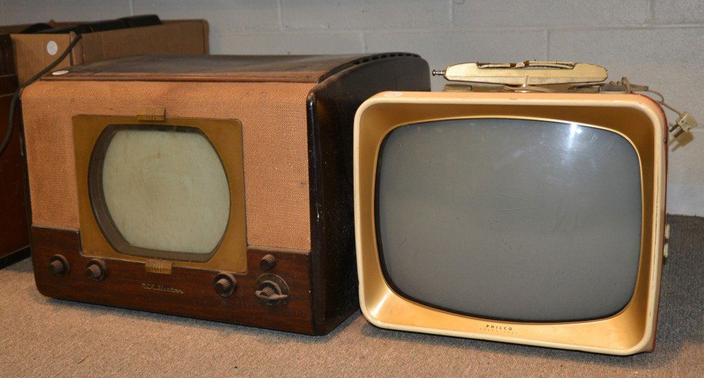 TWO TABLE TOP TELEVISIONS, including an example by RCA : TWO TABLE TOP TELEVISIONS, including an example by RCA Victor and Philco; height of taller: 15 inches