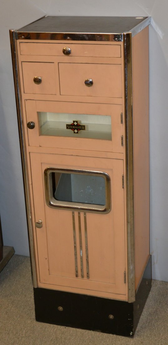 ART DECO WOOD AND CHROME MEDICAL CABINET, with steriliz: ART DECO WOOD AND CHROME MEDICAL CABINET, with sterilizer decal; height: 42 inches