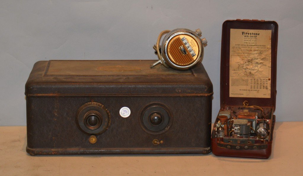 ATWATER KENT MODEL 44 RADIO; together with a SAXONY BIC: ATWATER KENT MODEL 44 RADIO; together with a SAXONY BICYCLE RADIO and a FIRESTONE BAKELITE TUBE RADIO