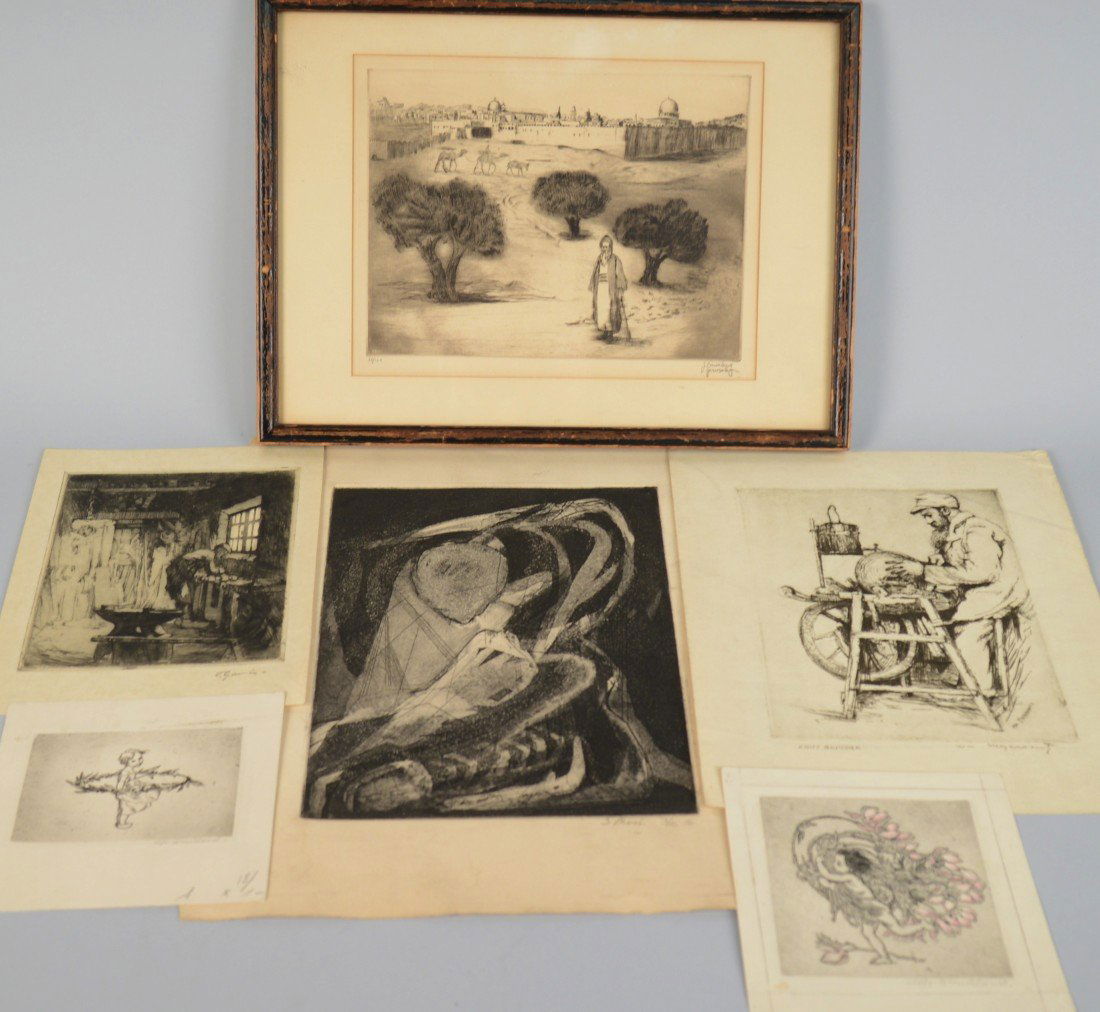 COLLECTION OF ETCHINGS, including a Sabina Klein etchin: COLLECTION OF ETCHINGS, including a Sabina Klein etching inscribed ""To Buk, Happy Birthday""; a Yaakov Eisenburg etching; an Apple woodcut (unsigned); Knife Grinder, by William Meyerowitz ; Windmill
