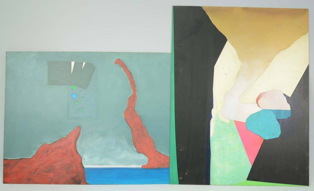 DAVID HARE, (American, 1917-1992), ABSTRACT STUDIES, tw: DAVID HARE (American, 1917-1992) ABSTRACT STUDIES two oils on masonite; one signed Hare 2/69; 44 x 34 inches and 32 x 42 inches