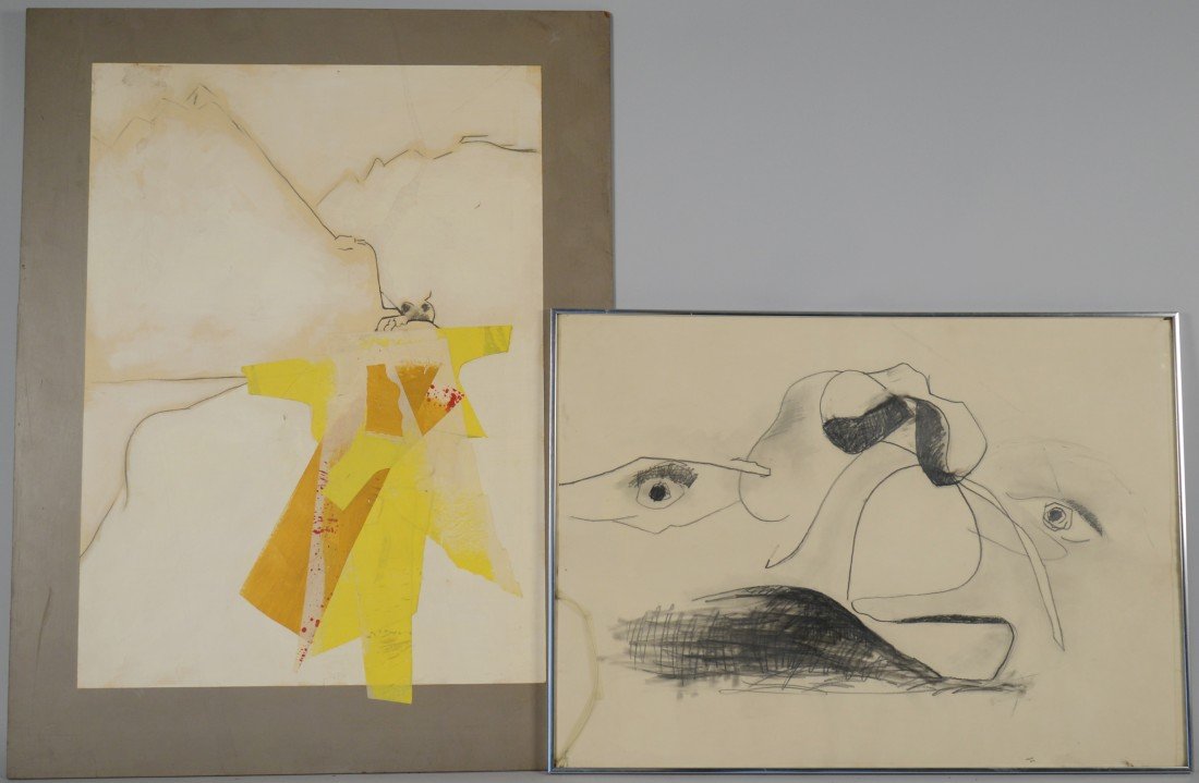 DAVID HARE, (American, 1917-1992), FOUR WORKS ON PAPER,: DAVID HARE (American, 1917-1992) FOUR WORKS ON PAPER mixed media collage, charcoal and ink; all four mounted on boards; signed Hare; and dated 8/1/1968, 22/12/69 and 2/58; 36 x 26 inches and 25 x 35 i