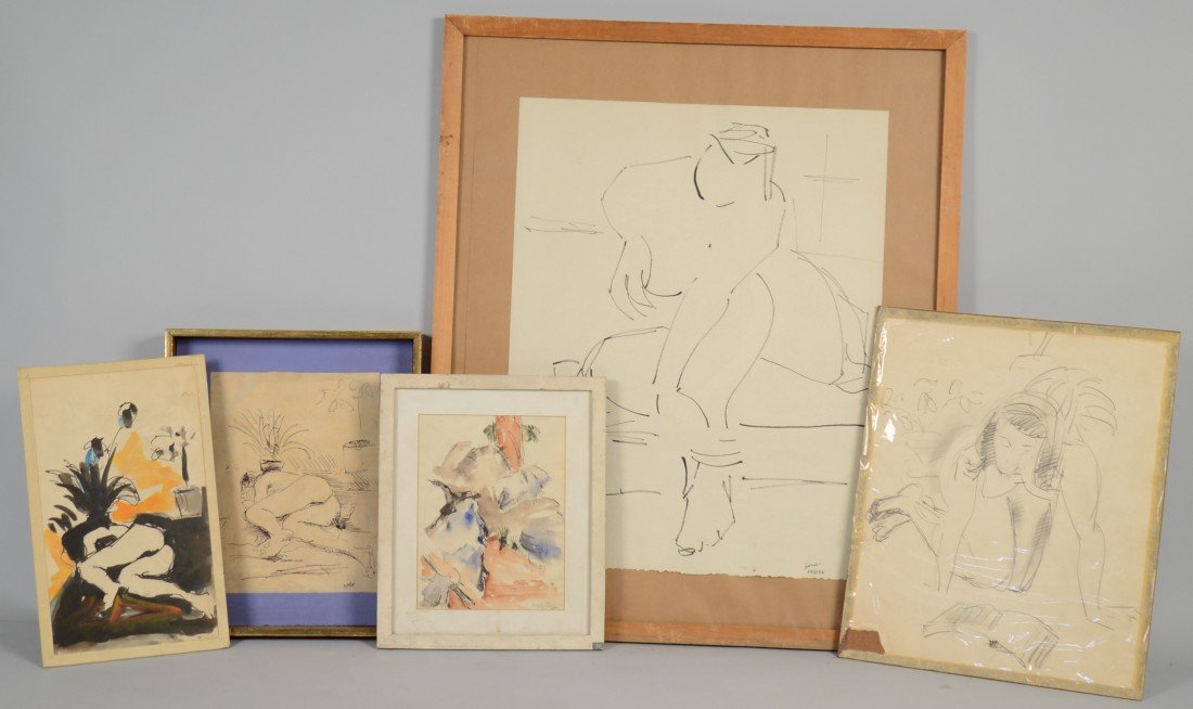 DAVID HARE, (American, 1917-1992), SEVEN FIGURAL DRAWIN: DAVID HARE (American, 1917-1992) SEVEN FIGURAL DRAWINGS AND WATERCOLORS including: an ink line drawing of a seated nude, circa 1958, 23 x 19 inches; pencil sketch of a nude on all fours, 17 x 14 inche