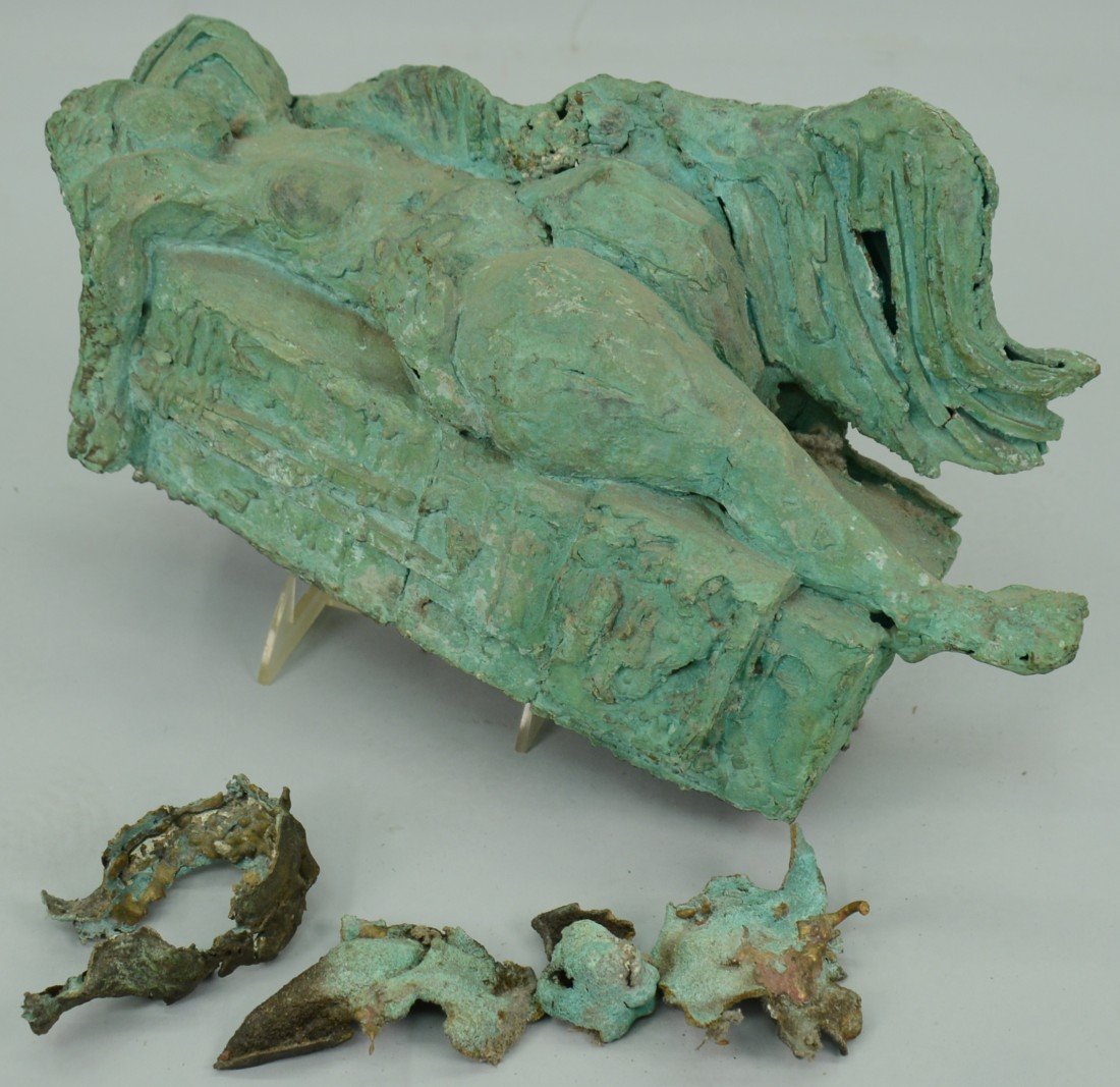 DAVID HARE, (American, 1917-1992), RECLINING NUDE, bron: DAVID HARE (American, 1917-1992) LEDA AND SWAN BRONZE and 'HEAD' PAINTING bronze with green patina and an oil on paper laid down on masonite; bronze signed and dated Hare 1960, 7 x 14 inches; painting