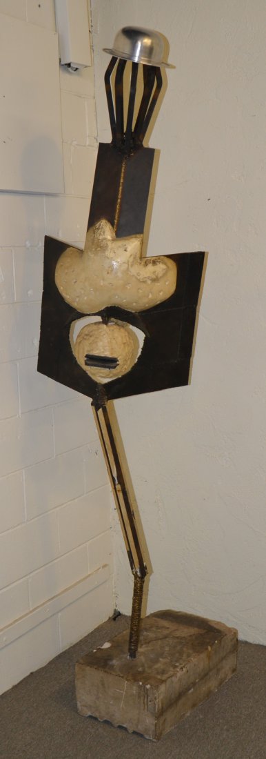 DAVID HARE, (American, 1917-1992), UNTITLED, plaster an: DAVID HARE (American, 1917-1992) UNTITLED FIGURE plaster and metal on concrete base; height: 90 inches