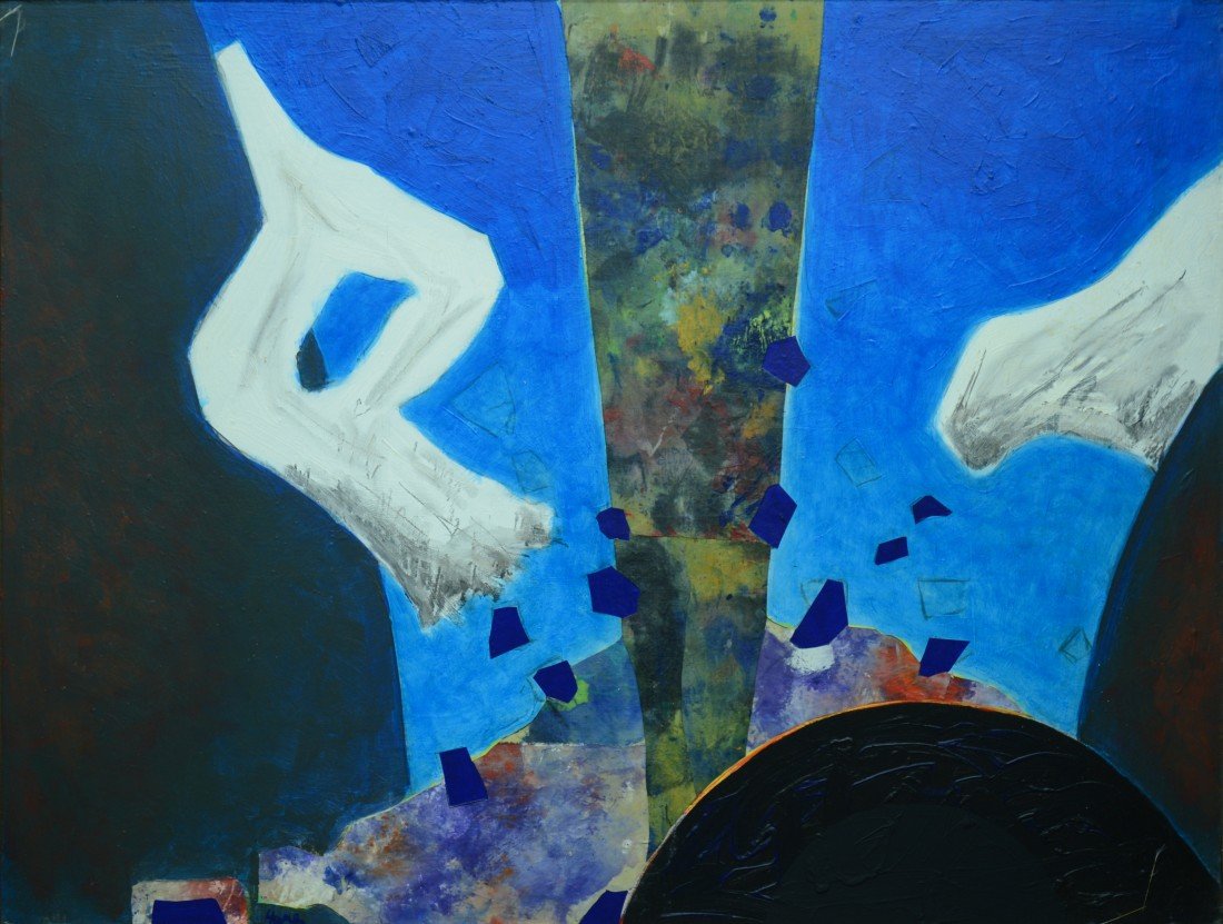 DAVID HARE, (American, 1917-1992), EVENT HOUISON, oil o: DAVID HARE (American, 1917-1992) EVENT HOUISON oil and cut paper collage on masonite; titled, signed and dated Hare 1983 on verso; 48 x 36 inches