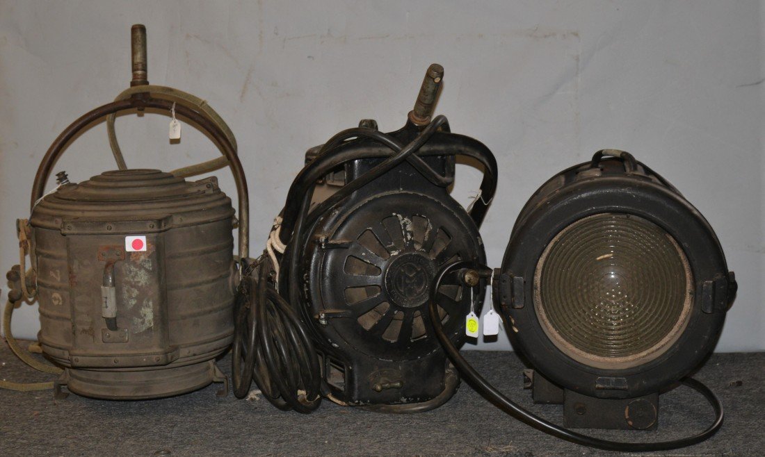 LOT OF THREE THEATRE STAGE LIGHTS; including makers: Mo: LOT OF THREE THEATRE STAGE LIGHTS; including makers: Mole-Richardson, Hollywood, CA.; and Bardwell & Mcallister, Hollywood, CA; length of largest: 16 inches