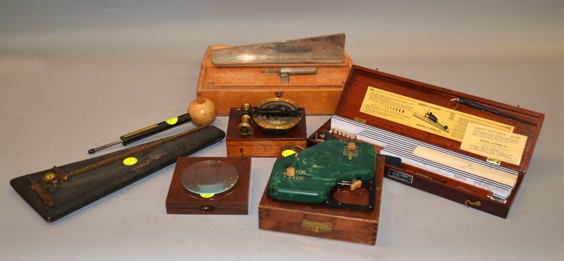 BOX LOT OF DRAFTING TOOLS AND OTHER INSTRUMENTS; includ: BOX LOT OF DRAFTING TOOLS AND OTHER INSTRUMENTS; including boxed Leroy Lettering Set by Keuffel & Esser Co.