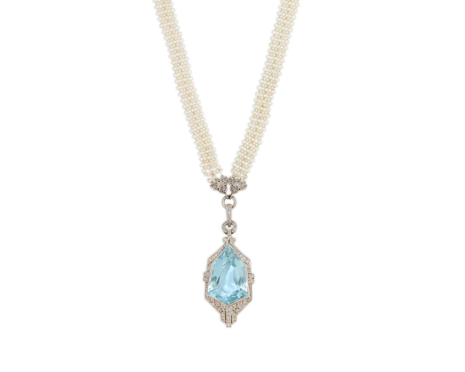 Platinum, Aquamarine, Diamond, and Seed Pearl Necklace: Platinum, Aquamarine, Diamond, and Seed Pearl Necklace the shield-form pendant centering a mixed-cut aquamarine measuring approx. 24.6 x 16.7 x 9.8 mm. framed by bead-set single-cut diamonds weighing 