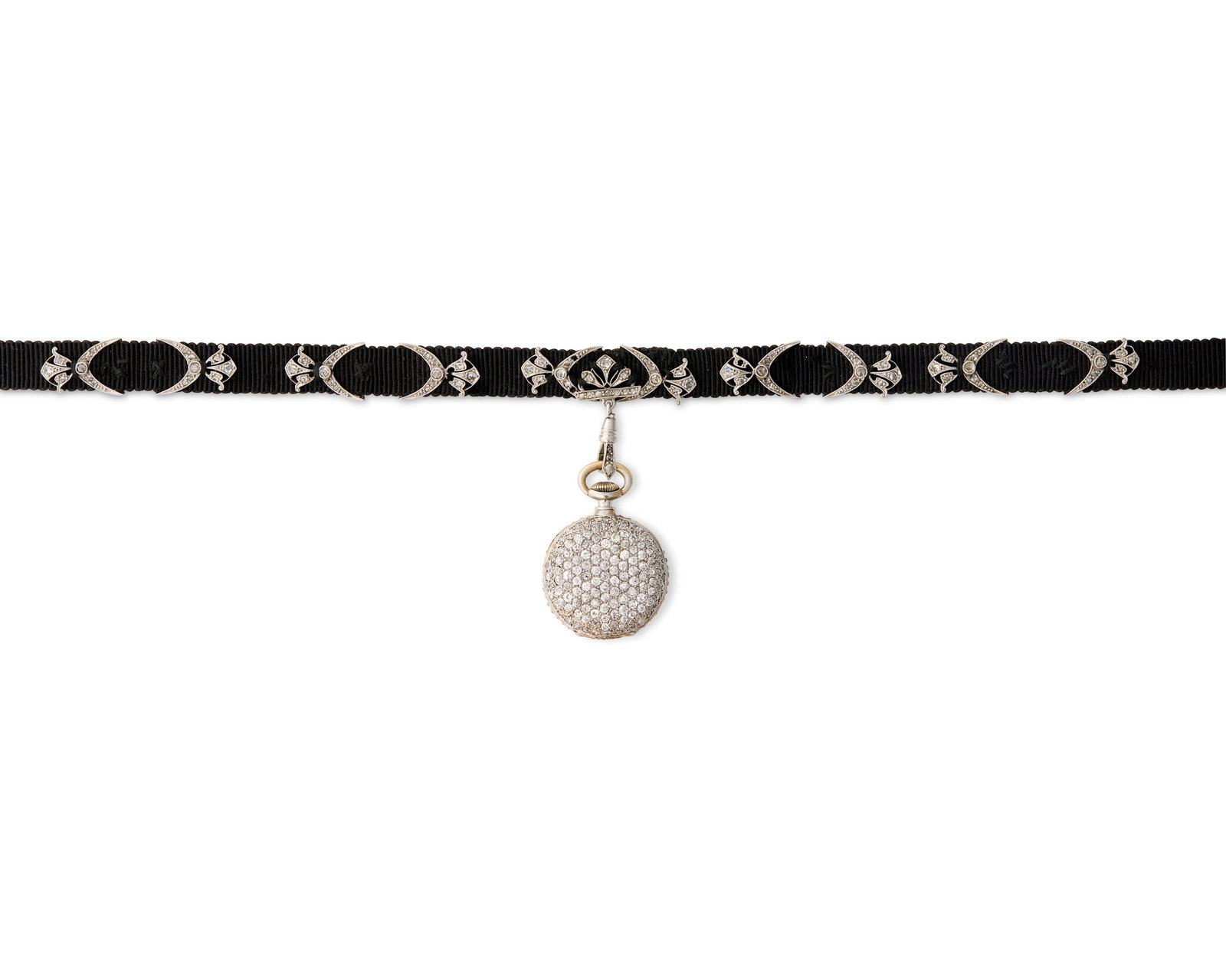 TIFFANY & CO. Platinum and Diamond Pendant Watch: TIFFANY & CO. Platinum and Diamond Pendant Watchthe white dial with Arabic numeral indicators; enclosing a manual-wind movement; signed on dial and movement; case back and bezel bead-set with single-c