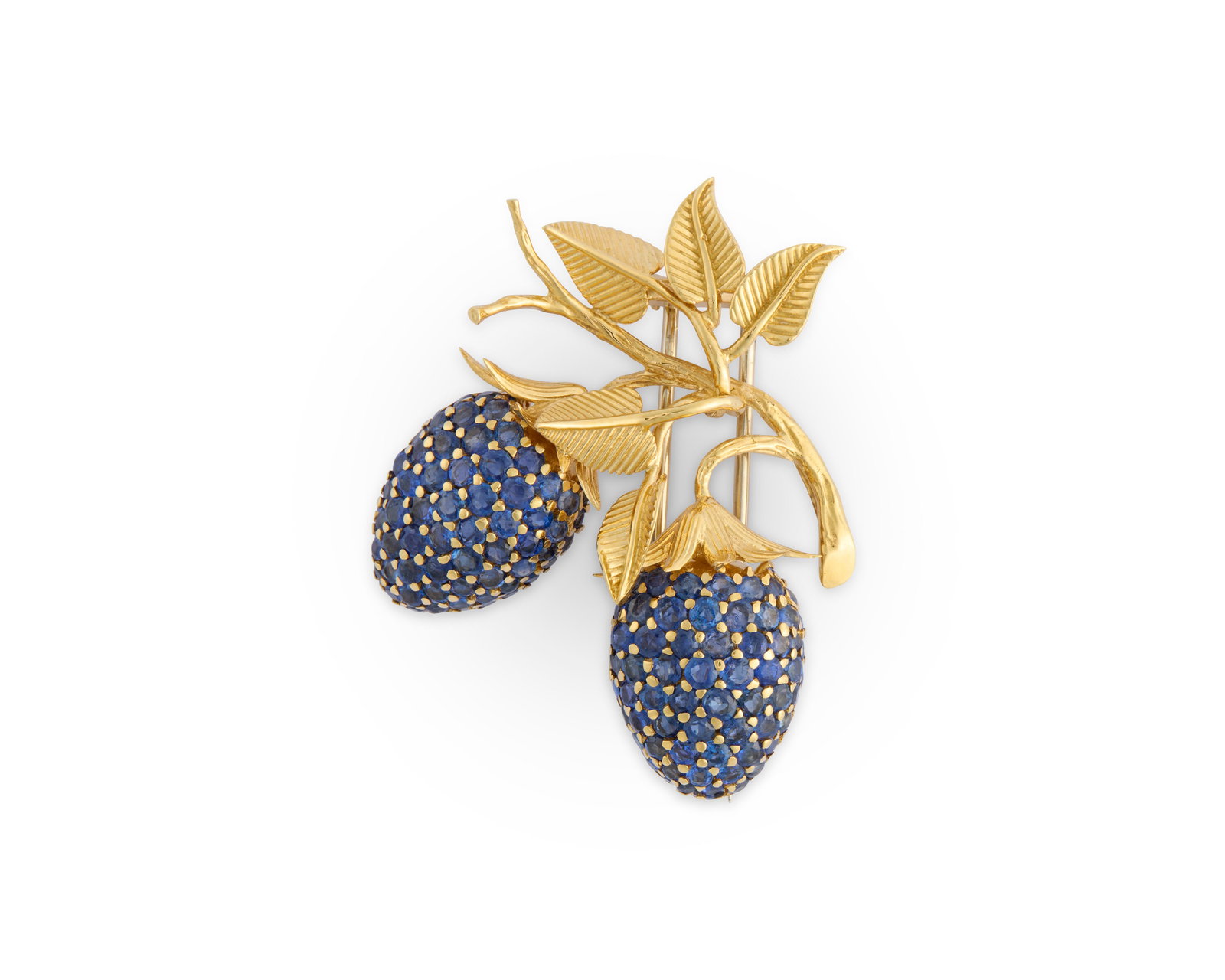TIFFANY & CO. 14K Gold and Sapphire Brooch: TIFFANY & CO. 14K Gold and Sapphire Brooch in the form of berries on a branch set throughout with prong-set circle-cut sapphires completed by a textured and polished yellow gold leaf-set stem;