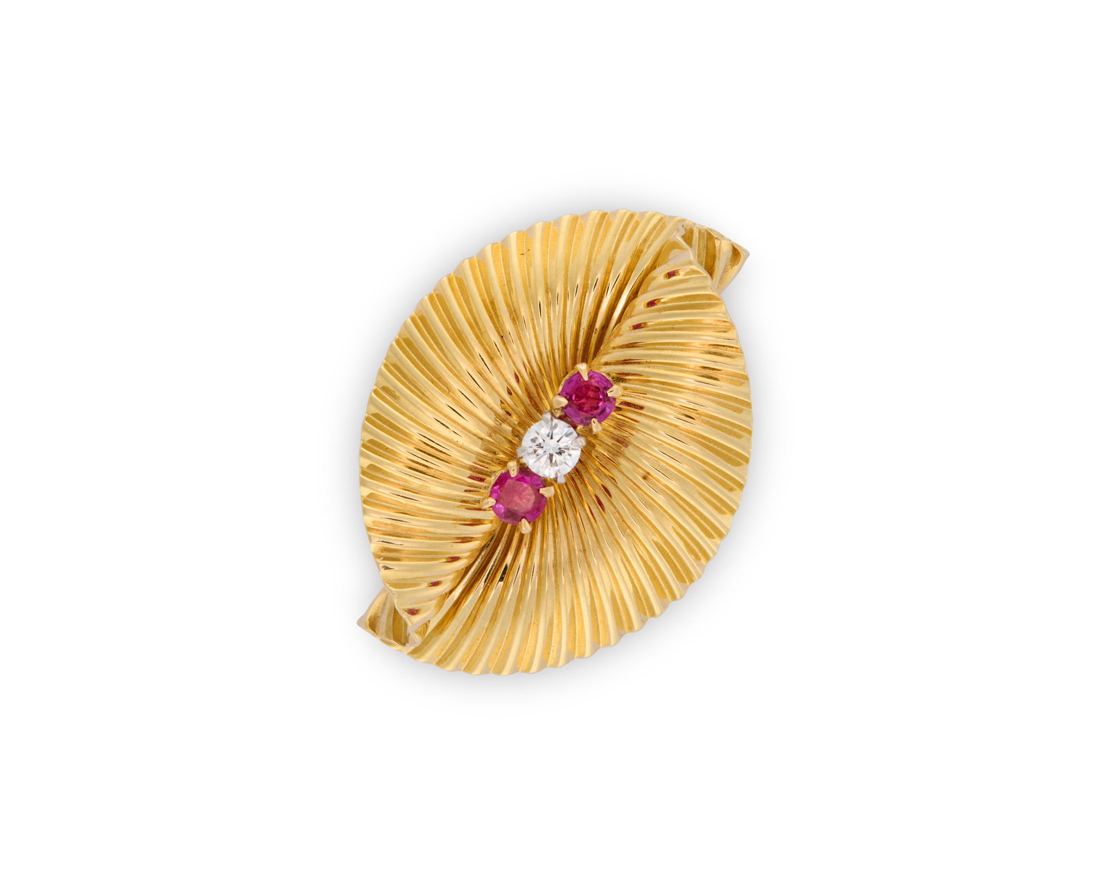 TIFFANY & CO. 14K Gold, Ruby, and Diamond Brooch: TIFFANY & CO. 14K Gold, Ruby, and Diamond Brooch the fluted yellow gold brooch centering a full-cut diamond flanked by two circle-cut rubies; signed Tiffany & Co.; 5.27 dwts.; 1 1/4 x 1 in. 