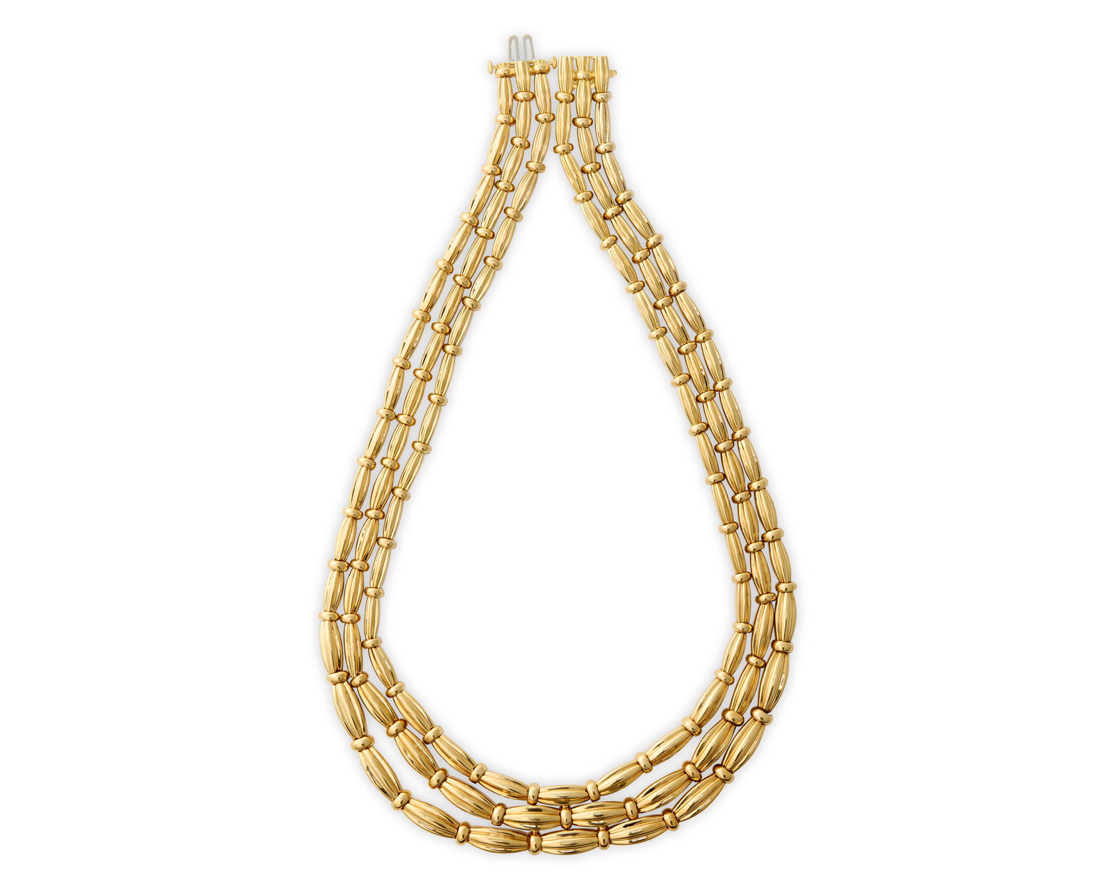 TIFFANY & CO. 18K Gold Triple Strand Necklace: TIFFANY & CO. 18K Gold Triple Strand Necklace featuring three rows of polished and fluted links; signed and dated Tiffany & Co. 1982; 95.09 dwts.; lg. 16 1/2 in. Provenance: The Collection of a