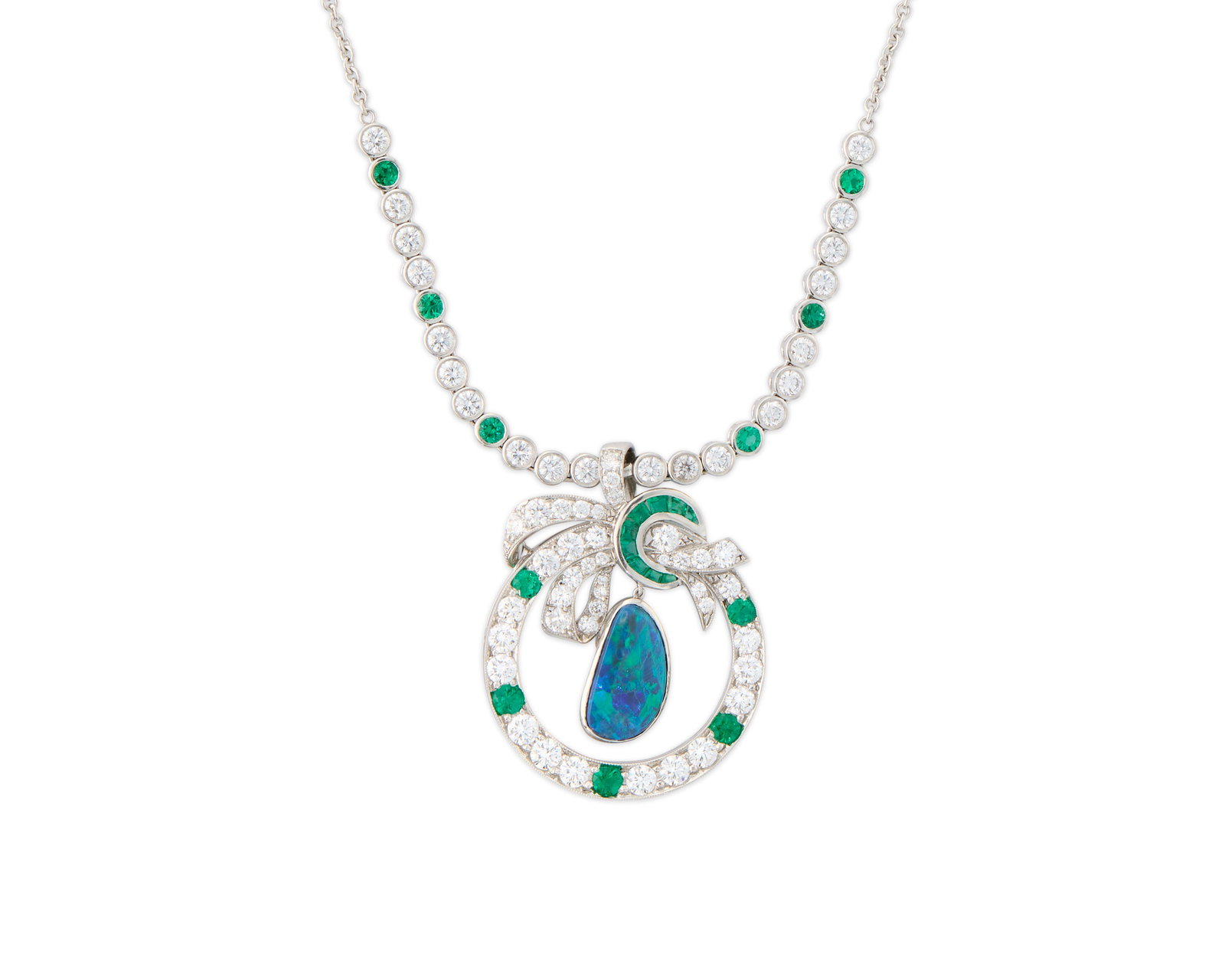 RAYMOND YARD Platinum, Black Opal, Diamond, and Emerald Pendant Necklace (1 of 5)