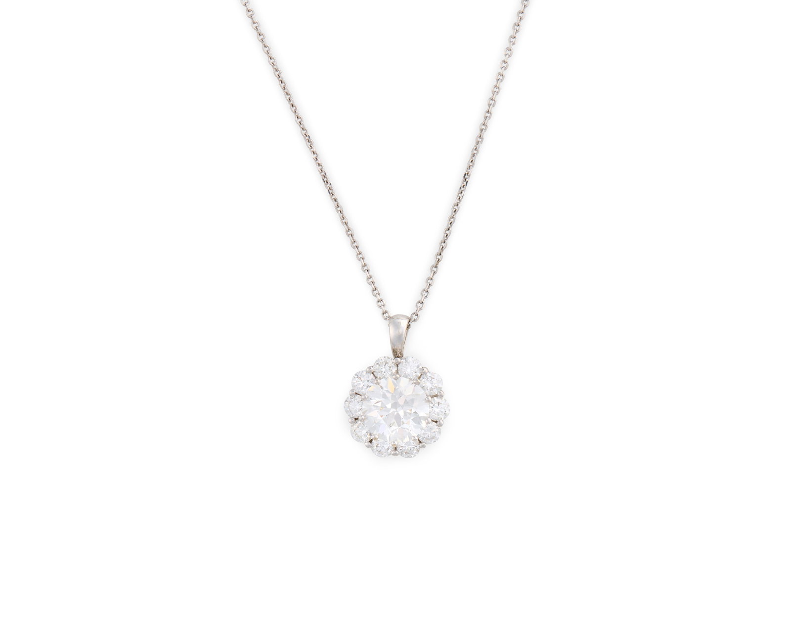 14K Gold and Diamond Pendant Necklace: 14K Gold and Diamond Pendant Necklace the pendant centering a prong-set old European-cut diamond weighing approx. 2.15 cts. framed by 10 round brilliant-cut diamonds weighing approx. 0.70 tcw.