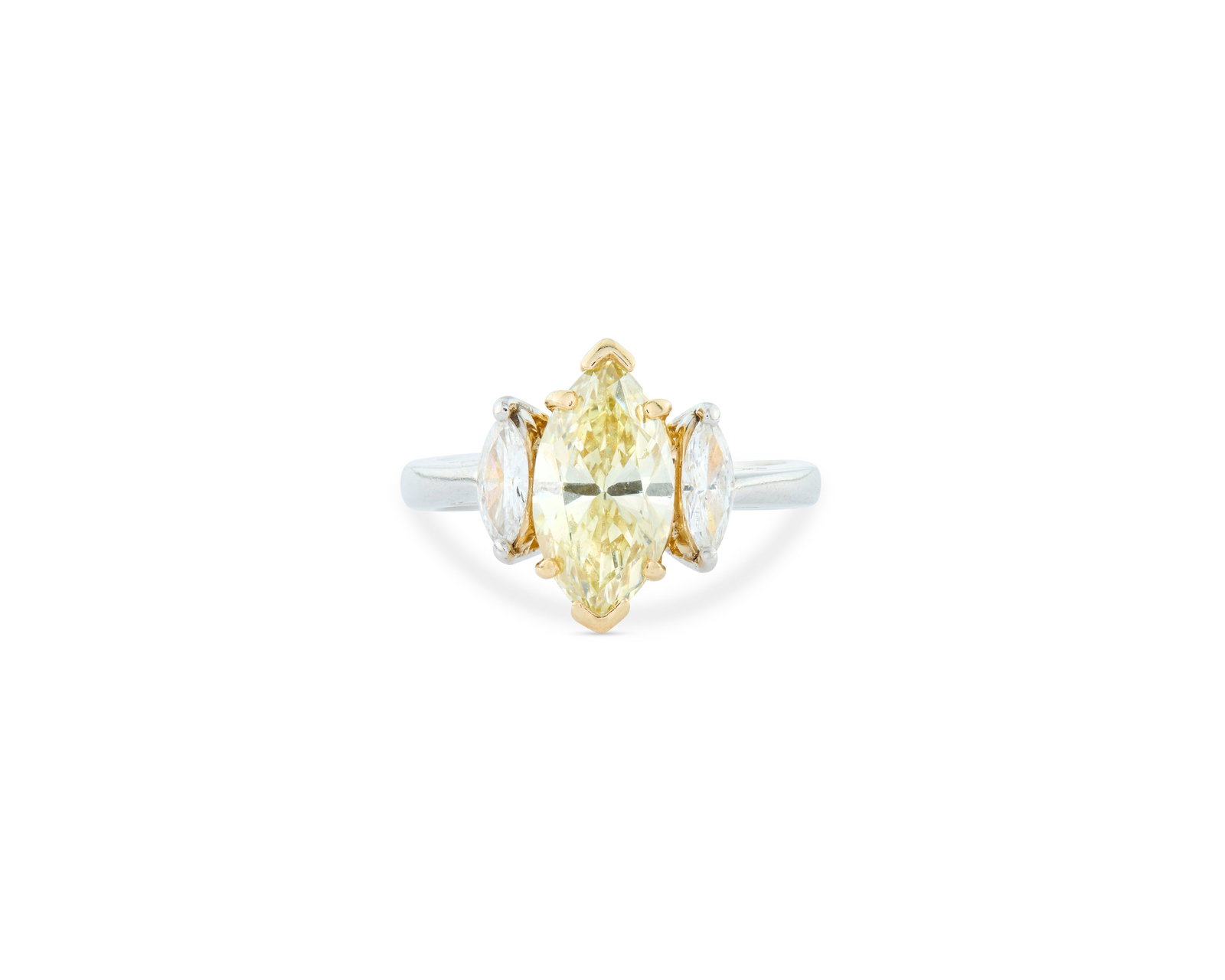 Platinum, 18K Gold, Yellow Diamond, and Diamond Ring: Platinum, 18K Gold, Yellow Diamond, and Diamond Ring centering a prong-set marquise-cut yellow diamond weighing approx. 1.55 cts. flanked by two marquise-cut diamonds weighing approx. 0.36 tcw.;