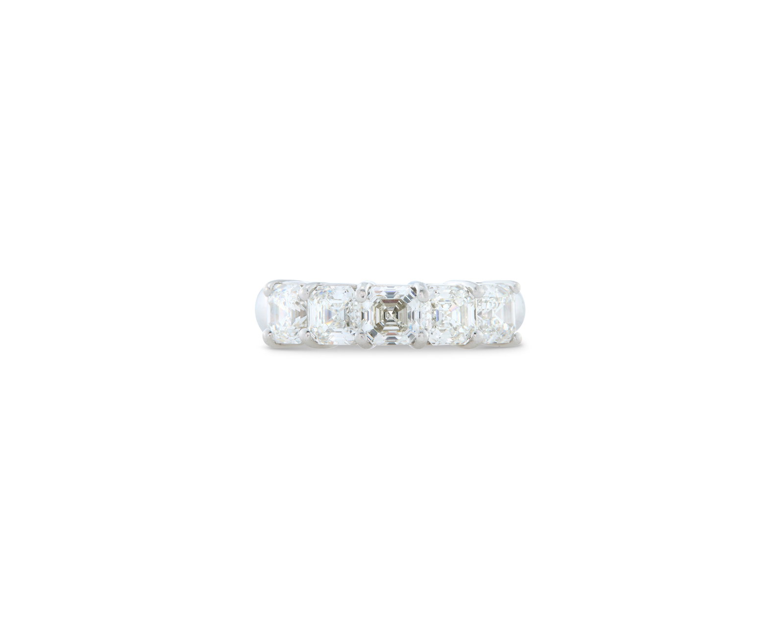 Platinum and Diamond Ring: Platinum and Diamond Ring featuring five prong-set asscher-cut diamonds weighing approx. 2.69 tcw. completed by a polished platinum shank; maker's mark; 4.99 dwts.; size 6 1/2 Provenance: Private