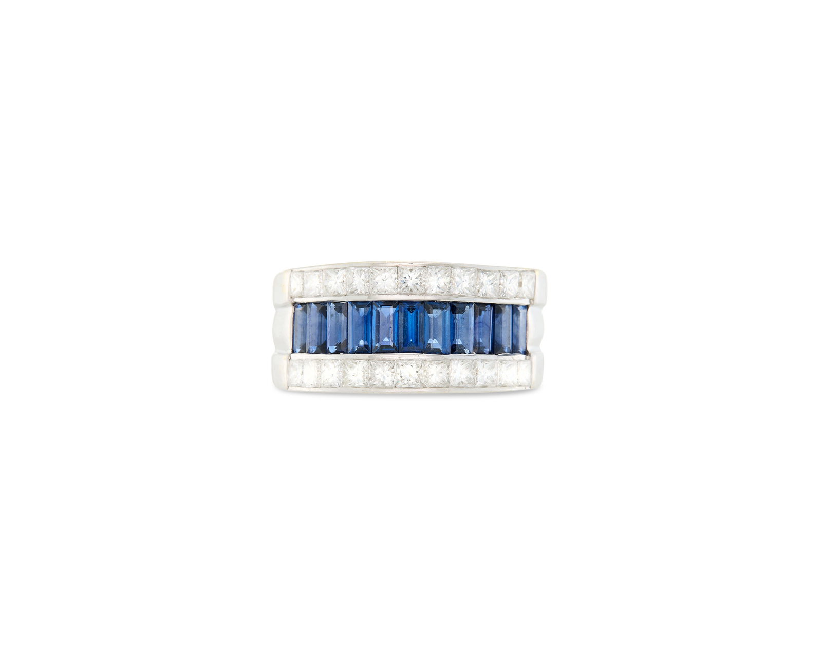18K Gold, Diamond, and Sapphire Ring: 18K Gold, Diamond, and Sapphire Ring channel-set centering a row of step-cut sapphires framed by two rows of princess-cut diamonds; sapphires weighing approx. 0.88 tcw.; diamonds weighing approx.